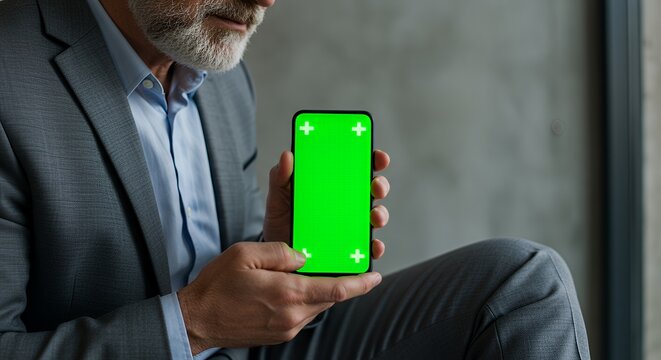 Senior businessman thoughtfully examines a smartphone with a vibrant green screen, contemplating digital opportunities.