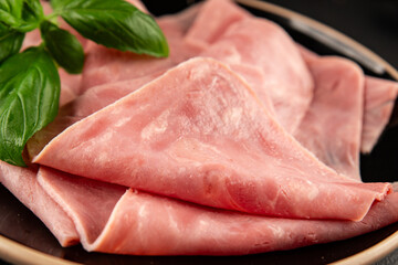 Ham slices meat spam pork fresh delicious gourmet food background on the table rustic food top view copy space