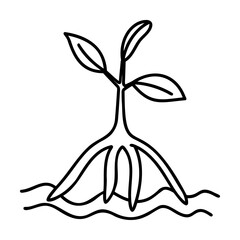 Black line art mangrove plant with roots and leaves on white background