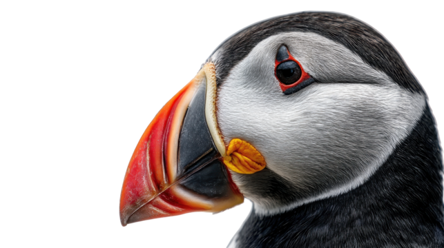Close-up of a vibrant puffin showcasing its colorful beak. transparent background