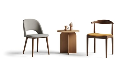 Arrangement of Chairs and Small Table on White Background