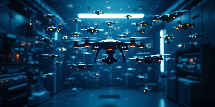 A coordinated swarm of autonomous drones flies in formation inside a high-tech facility, illustrating advanced swarm robotics technology in a futuristic environment.