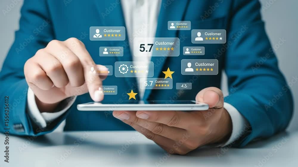 Poster person in blue suit using a tablet displaying customer reviews and ratings with stars icons