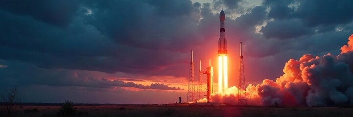 A powerful rocket blasts off from a launchpad, leaving a fiery trail against a dramatic twilight sky The vibrant colors and dynamic motion capture the thrill of rocketry , clouds, spectacular