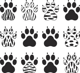 Fototapeta premium Collection of twelve diverse animal paw print illustrations with various patterns and solid black designs