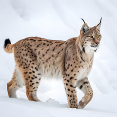 Obraz premium A lynx gracefully walks through a snowy landscape, its fur blending seamlessly with the winter scene, isolated on transparent background