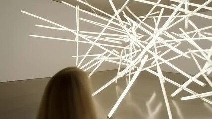 Woman gazing at avant-garde lighting arrangement in a minimalist art gallery space