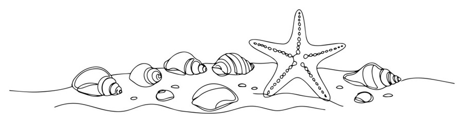 starfish and seashells on beach line art vector