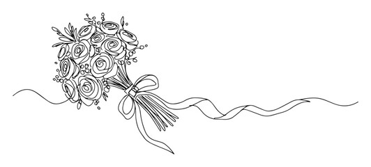 wedding bouquet with ribbon outline minimal vector