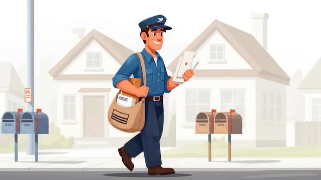 Animated Postman Delivering Mail on a Suburban Street with Houses and Mailboxes