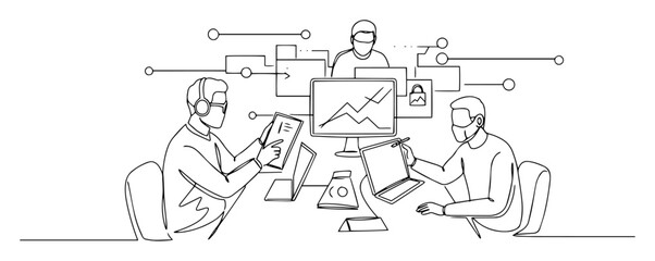 team of analysts working with data screens outline vector