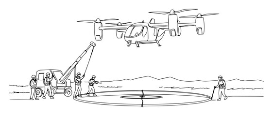 Obraz premium drone deployment with ground crew outline vector