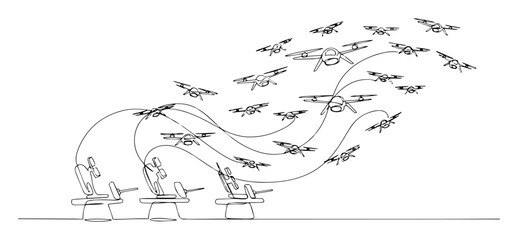 drone swarm and anti-air defense outline vector illustration