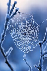 A delicate spider web covered in dewdrops stands out distinctly against the blue backdrop of twilight.