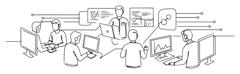 cyber operations center with analysts outline vector