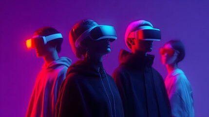 Virtual Reality people  in neon light engaging with air while gaming. virtual reality game, wearing VR headset that offers a 360-degree experience, set against a dark background illuminated by vibrant