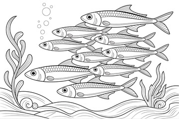 School of fish swimming in underwater scene.
