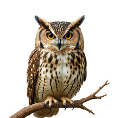 Naklejka premium Majestic Owl Perched on a Branch, Showcasing Striking Feathers and Intense Gaze, Isolated on Transparent and White Background