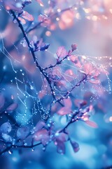 A delicate spider web covered in dewdrops stands out distinctly against the blue backdrop of twilight.