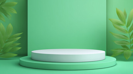 Minimalist Green Display Podium with Tropical Leaves in Natural Lighting
