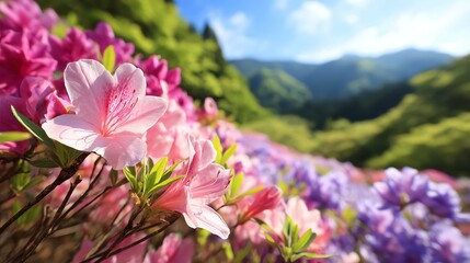 Vibrant azaleas bloom in a stunning landscape, showcasing pink and purple flowers against a serene mountain backdrop under a bright blue sky.
