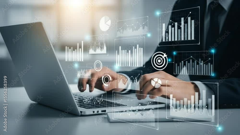 Leinwandbilder Man using laptop with data visualizations overlayed in a professional business setting and suit