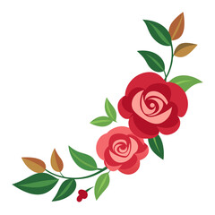 Decorative floral arrangement with pink and red roses and green leaves