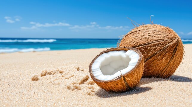 Fresh Coconut Half on Sandy Beach Against a Clear Blue Sky and Ocean Background