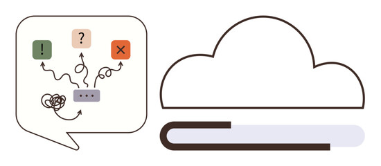 Cloud outline with a progress bar symbolizing storage, and a chat bubble displaying decision-making flow with arrows, icons, and paths. Ideal for technology, communication, data, integration