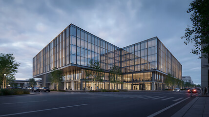 Obraz premium Modern glass office building at twilight. 