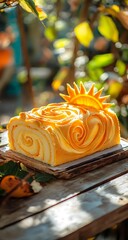 A delicious swirling roll cake, carved with the symbol of the sun, placed on an outdoor table.
