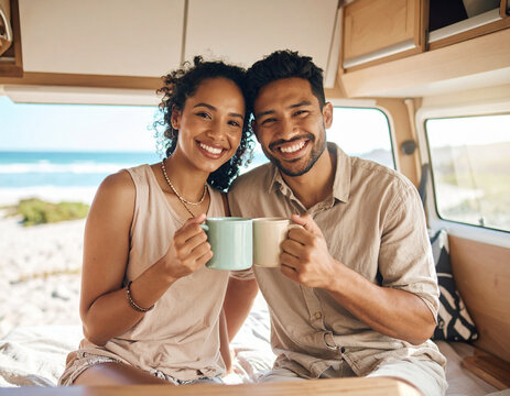 Photo realistic. Close up view of van life couple. Happy couple in beige natural clothing smiling, sit on van wood furniture looking out the back of the van. Van is by the sea on sand.