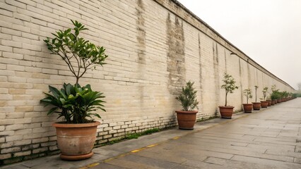 Neutral Weathered Brick Wall with Row of Potted Plants
