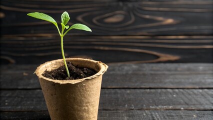 Closeup of a Small Green Plant Sprouting in Biodegradable Pot on Dark Wooden Background
