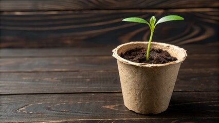Closeup of a Small Green Plant Sprouting in Biodegradable Pot on Dark Wooden Background

