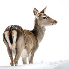 Fototapeta premium A female deer stands in the snow, isolated on transparent background, her gaze directed to the side, a winter wildlife portrait