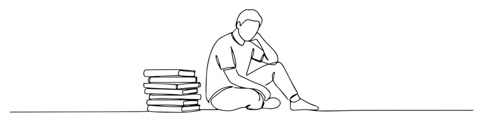 tired student sitting with books line drawing