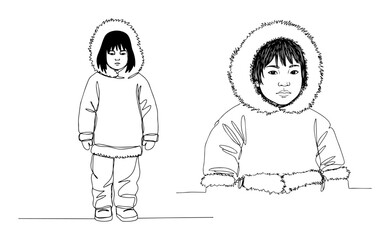 two inuit children standing in winter clothing
