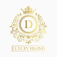 Luxurious and elegant logo design with a stylized letter D in gold featuring regal floral embellishments © MD SHAHINUR ISLAM