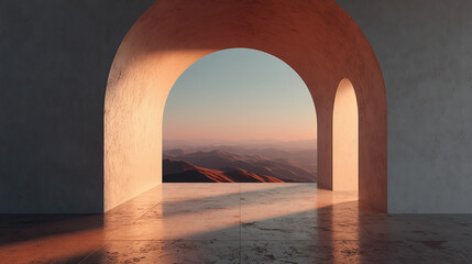Minimalist Terrazzo Archway with Sunset Mountain View / 미니멀리스트 테라조 아치형 입구와 일몰 산 풍경