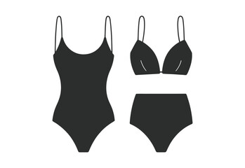 Black silhouette of a one piece swimsuit and a bikini set on a white background