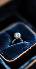 A diamond ring in an open denim box, macro photography