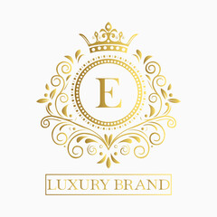 Luxurious and elegant logo design with a stylized letter E in gold featuring regal floral embellishments