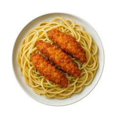 Delicious Plate of Crispy Chicken Tenders Served Over Spaghetti Pasta with Garnish, Perfect for Italian Cuisine Lovers, Isolated on Transparent and White Background