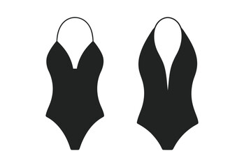 Two black one piece swimsuits with halter necklines on a white background
