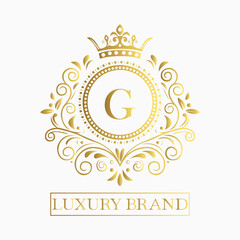 Luxurious and elegant logo design with a stylized letter G in gold featuring regal floral embellishments