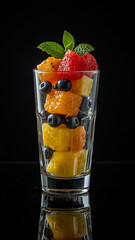 cinematic shot of a transparent glass filled with artistically arranged stacks of colorful tropical fruit cubes, featuring kiwi, papaya, mango, watermelon, pineapple, blueberry, and red dragon fruit,