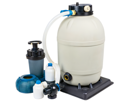 Complete swimming pool sand filter system for clean and clear water on a transparent background