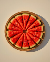 top-down macro shot, high contrast, and stunning lighting of perfectly ripe, circularly sliced ​​bright red watermelons arranged symmetrically on a rustic reclaimed wood plate