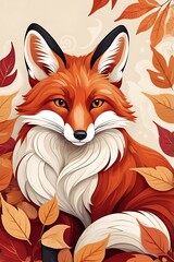 Obraz premium Whimsical abstract fox in curled pose, auburn red and cream white color theme, autumn leaves background, close-up angle for decor